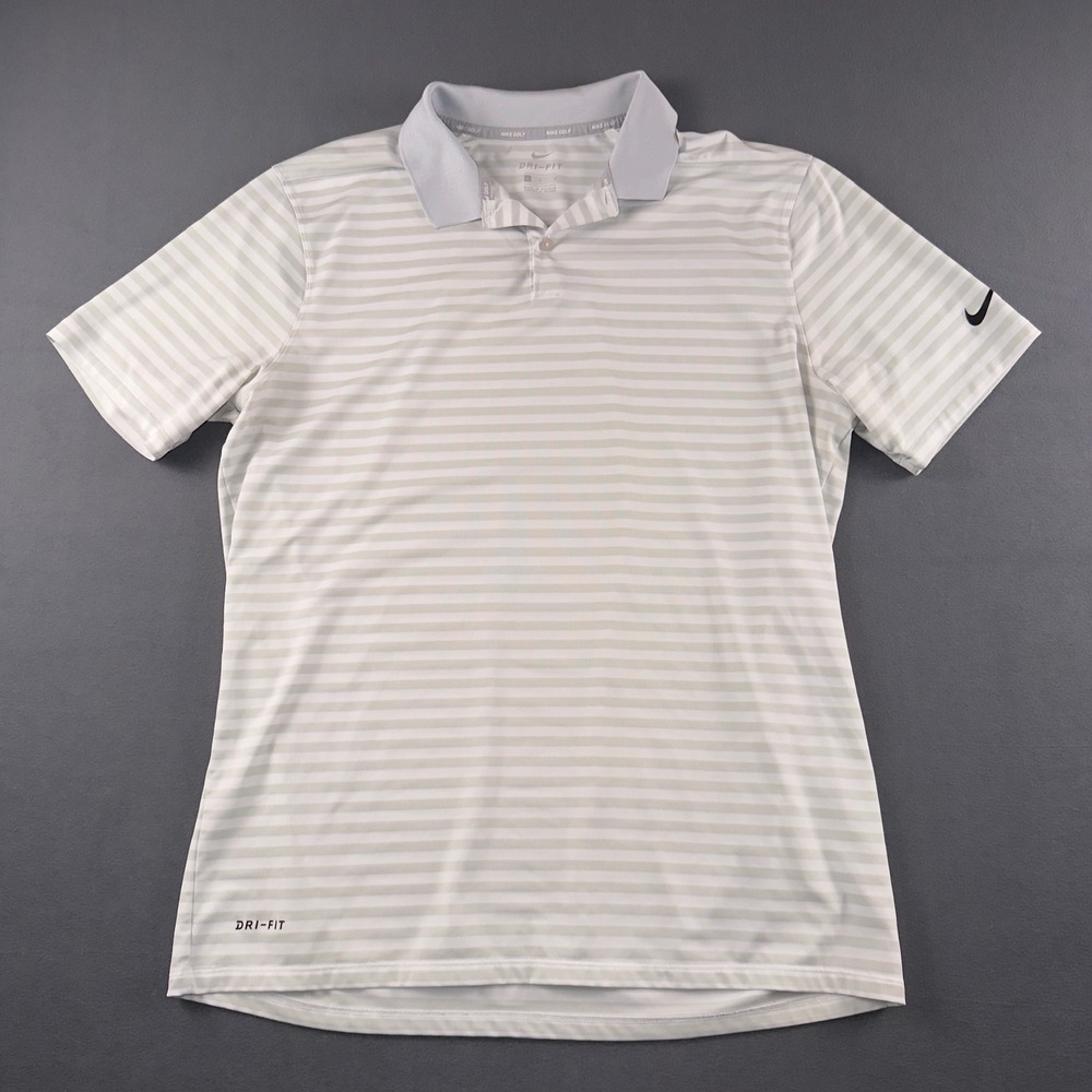 Nike Golf Dri-FIT Polo Shirt Mens L White Grey Striped Short Sleeve 891853-043